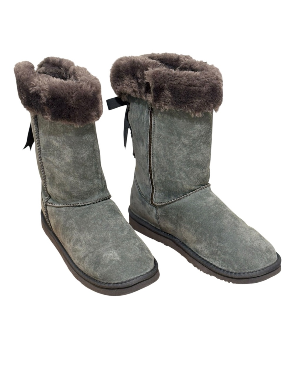 Lamo Gray Suede Shearling-Trim Mid-Calf Boots Size 12